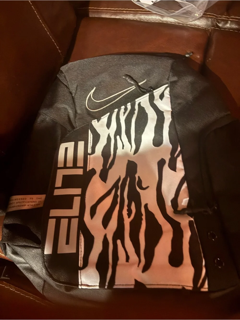 Nike Men's Black and White Zebra Print Elite Jacket-Style Backpack